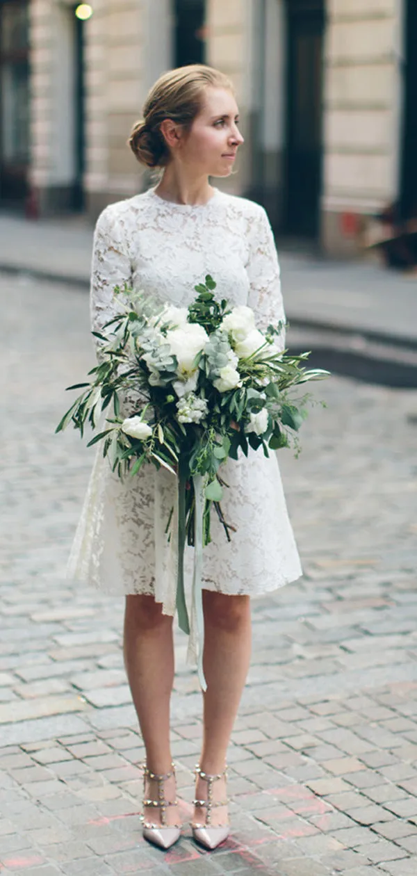 White Lace Long Sleeve Sheath Vintage Short Wedding Dresses,DB0182