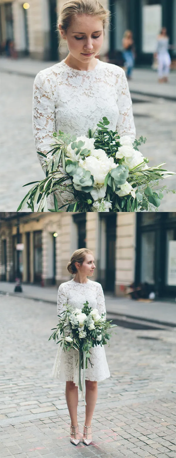 White Lace Long Sleeve Sheath Vintage Short Wedding Dresses,DB0182