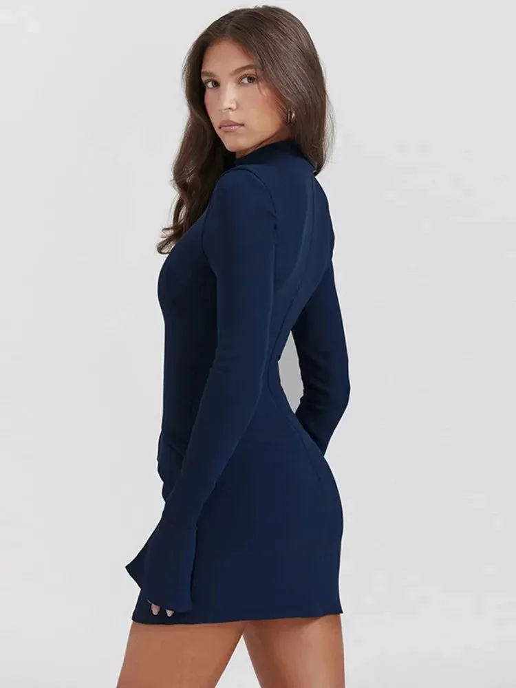 Women Elegant  City Commuting Mini Dress 2024 Autumn Sexy Pocket Long Sleeve Bodycon Dresses