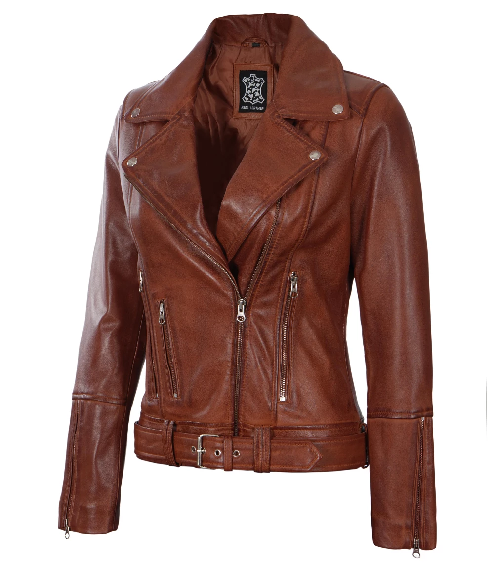 Women's Cognac Brown Leather Biker Jacket