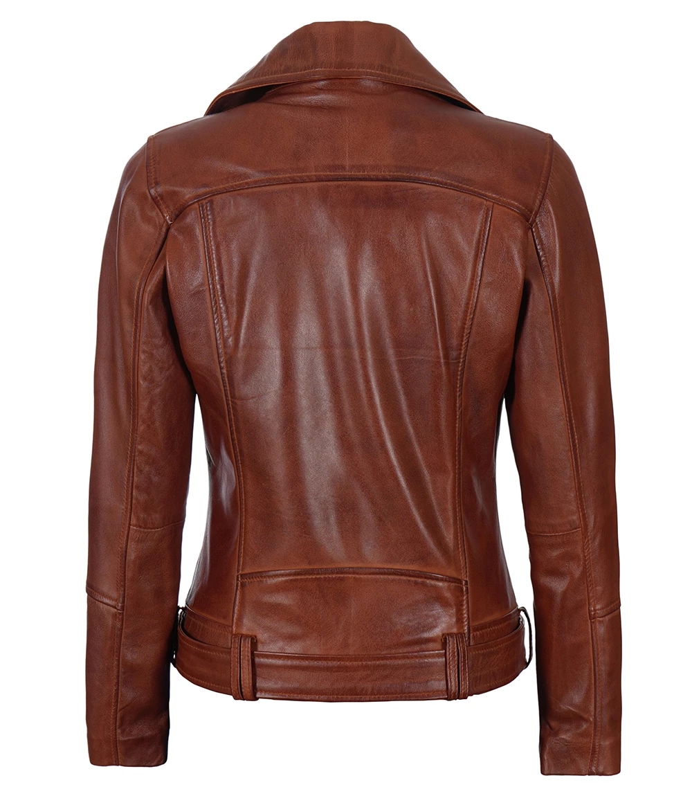 Women's Cognac Brown Leather Biker Jacket