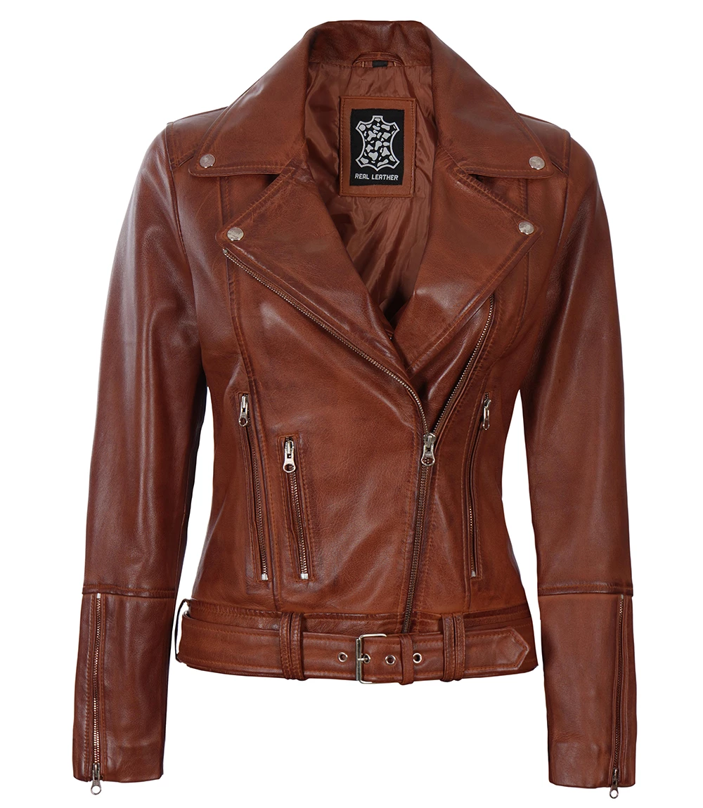 Women's Cognac Brown Leather Biker Jacket