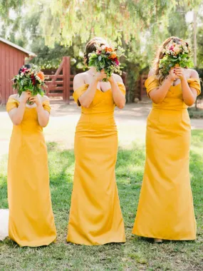 Yellow Pleating Off Shoulder Sheath Long Bridesmaid Dresses,DB120