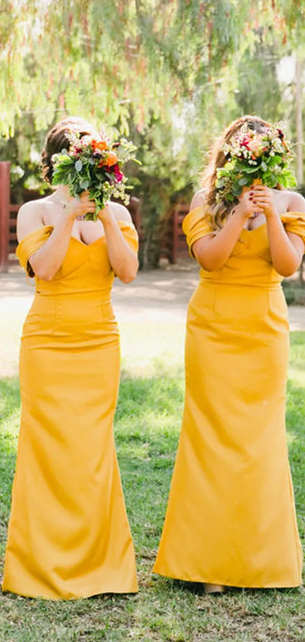 Yellow Pleating Off Shoulder Sheath Long Bridesmaid Dresses,DB120