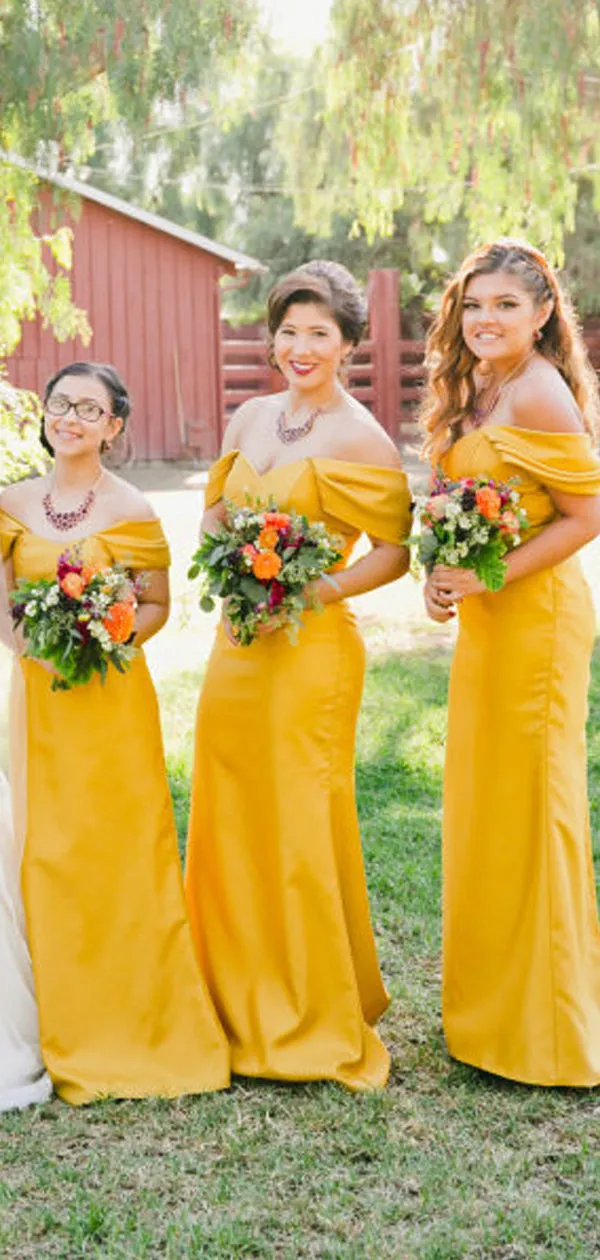 Yellow Pleating Off Shoulder Sheath Long Bridesmaid Dresses,DB120