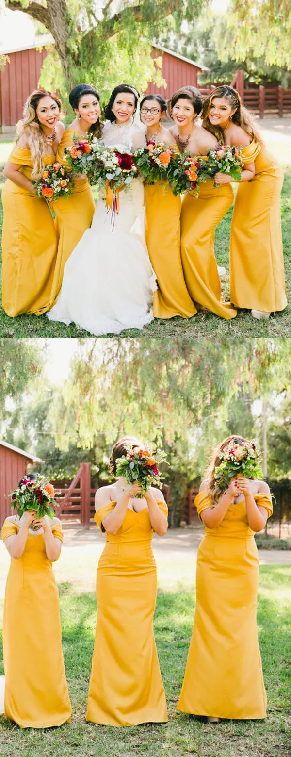 Yellow Pleating Off Shoulder Sheath Long Bridesmaid Dresses,DB120